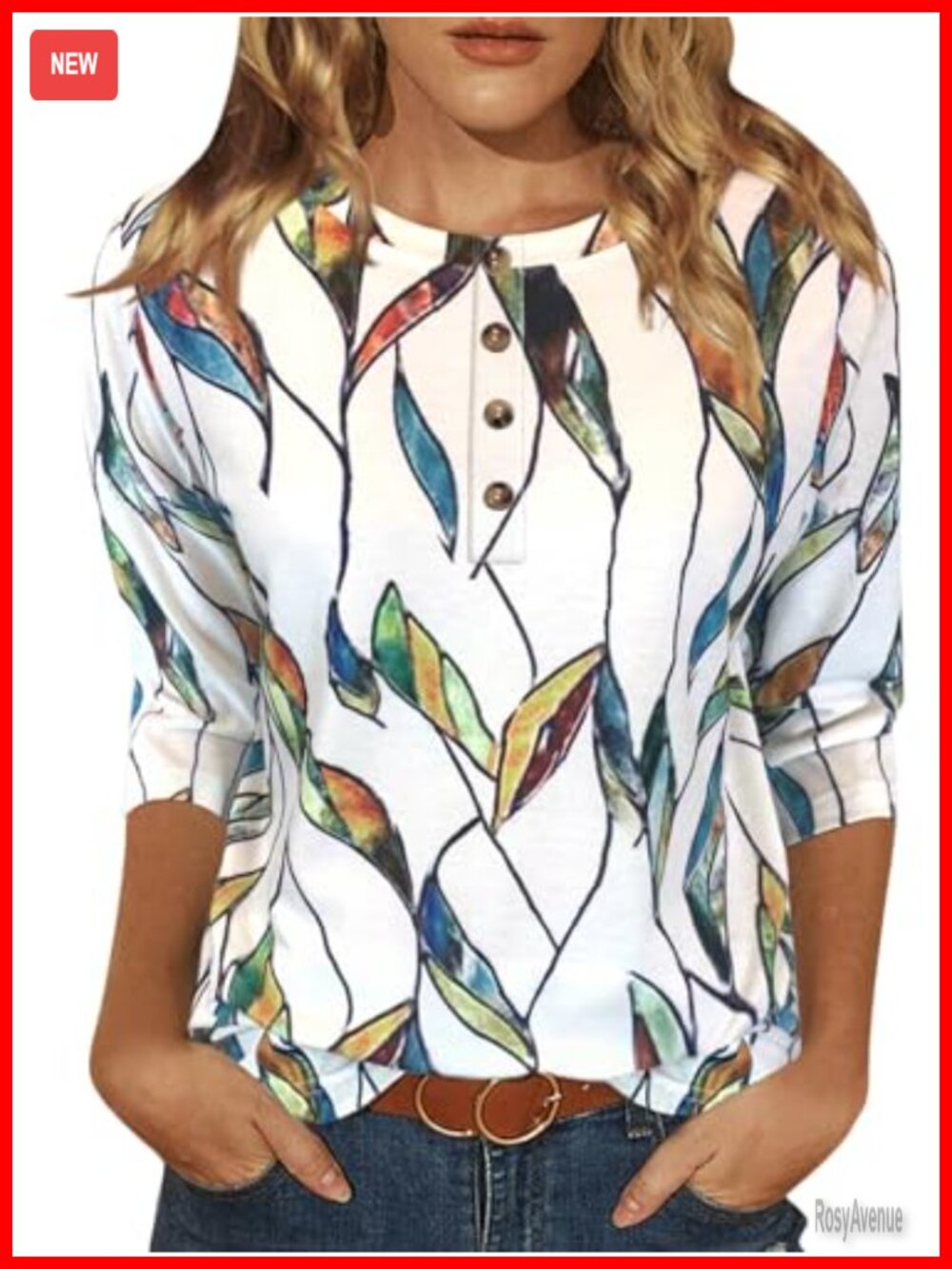 Womens 3/4 Sleeve Floral Blouse, Loose Fit Rayon Blend Tunic with Pockets, Crew